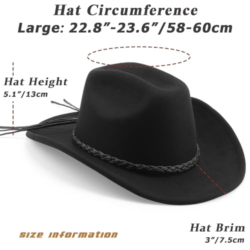 DRESHOW Western Cowboy Hat for Men Women Cowboy Cowgirl Hat Outdoor Wide Brim Retro Felt Fedora Hats Unisex Rolled up Caps - color: 1 Pack Style 8: Black