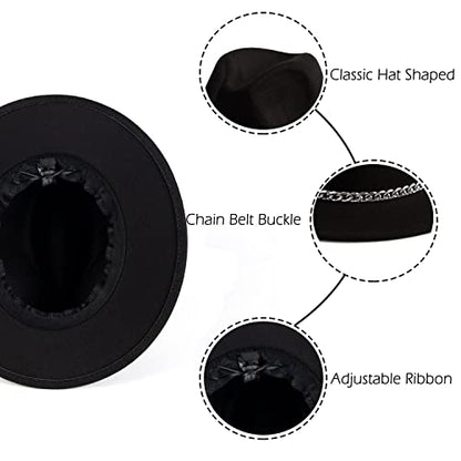 Women Men Wide Brim Fedoran Hat with Chain Belt Buckle - color: Dark Night