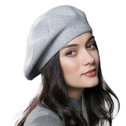 Womens Winter Beret Hat Knitted Beanie Cap Autumn Winter Hat French Classic Beret - color: Light Grey