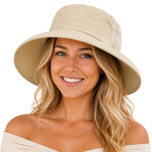 TOP-EX ChicPony Women's Wide Brim Bucket Sun Hat with Ponytail Hole UPF 50 Summer Packable Sunhat for Travel Beach Outdoor - color: Khaki, size: Large