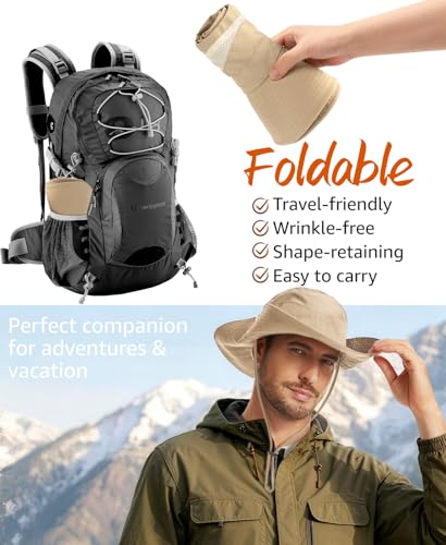 Wide Brim Sun Hat for Men Women, UPF 50+ Waterproof Packable Bucket Boonie Safari Fishing Hat - color: Khaki