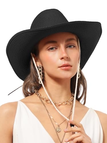 Straw Cowboy Sun Hat Western Cowgirl Women Men with Windproof Chin Strap - color: 블랙.