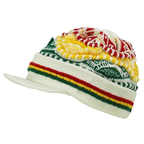 Armycrew Rasta Jamaica Style Thick Acrylic Knit Cuff Beanie Visor - color: White Rgy