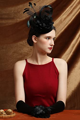 Fascinators Hat for Women Tea Party Headband Wedding Cocktail Flower Mesh Feathers Hair Clip(Black) - color: Black