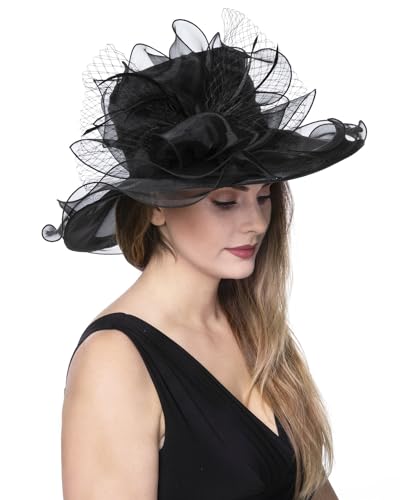 Haojing Women's Organza Church British Fascinator Bridal Tea Party Wedding Hat Summer Ruffles Cap - color: Hj23-black