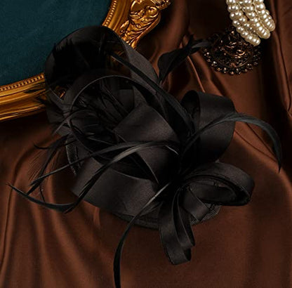 Kentucky Derby Fascinators for Women High Tea Party Hat Wedding Cocktail Flower Headware with Mesh and Feathers - color: Y-black