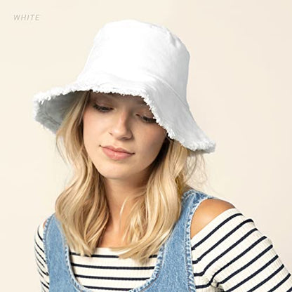CHOK.LIDS Frayed Bucket Hat Washed Cotton Floppy Wide Brim Boonie Cap - color: Cream