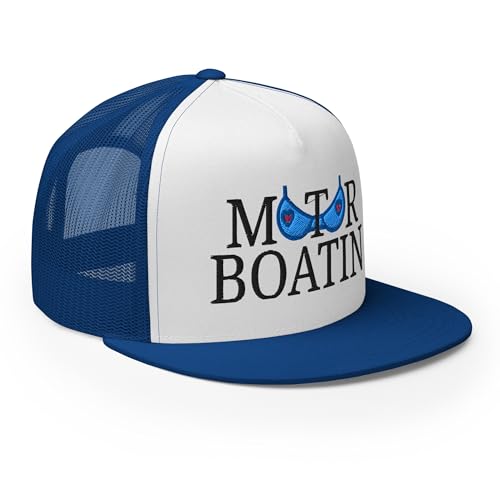 NX Motor Boatin Embroidered Flat Bill Trucker Hat High Crown Snapback Cap - color: Royal/ White/ Royal