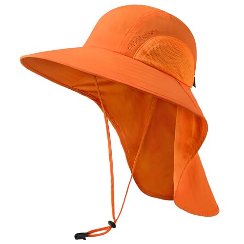 BASSDASH UPF 50+ Unisex Water Resistant Wide Brim Sun Hat with Large Neck Flap Ponytail Fishing Hat for Men Women - color: Orange