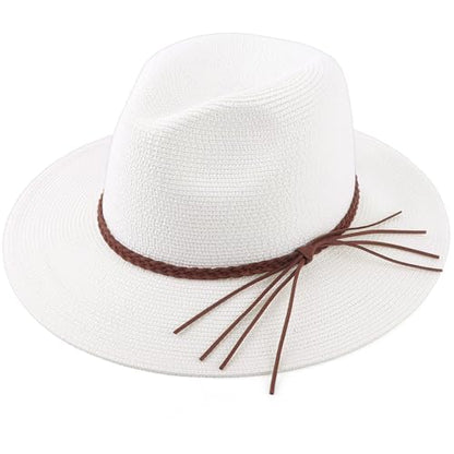 AQOKKA Summer Sun Hats for Women Straw Panama Hat with Wide Brim Roll Up Travel Fedora Beach Hat for Women Men UPF 50+ - color: Woven Rope : White
