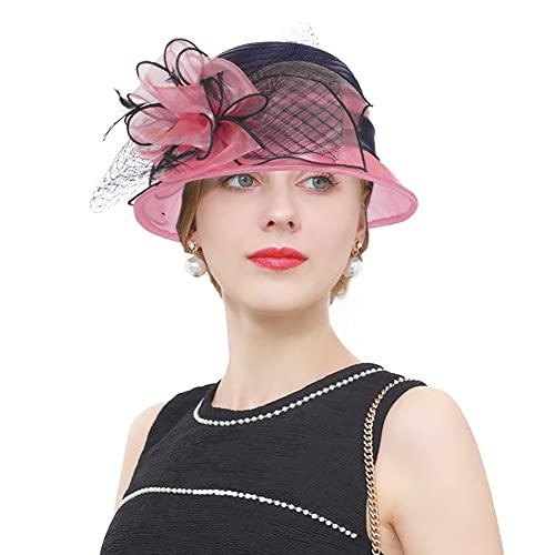 Janey&Rubbins Women's Two-Tone Bowler Cloche Hat for Derby Day, Church, Wedding, Party, Formal Events - color: Pink/Black