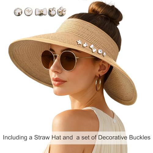 Women's Sun Visor Hats Wide Brim Straw Beach Hat Ponytail Hats for Women Foldable Floppy - color: 1pack-khaki Diy White