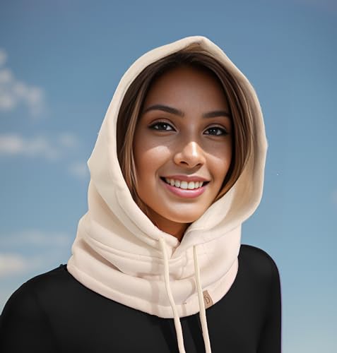 Unisex Sporty Snood Hat with drawstring Hood Scarf Neck Warmer Winter Balaclava Hood - color: Ivory