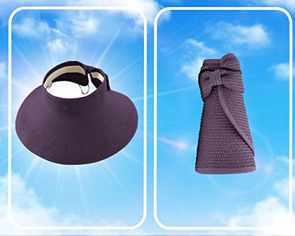 Straw Sun Visor for Women, Wide Brim UPF 50+ Protection Beach Hat, Adjustable, Roll Up Foldable Ponytail Cap with Chin Strap - color: Purple