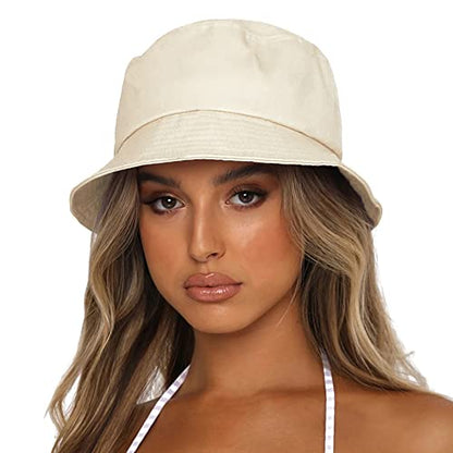 Bucket Hat for Women Men, Reversible Cotton Summer Sun Beach Cap Solid Color Style - color: A-beige