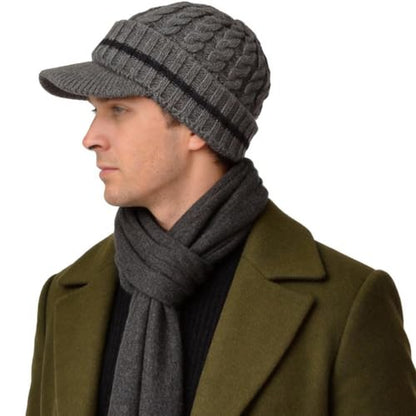 Ruphedy Mens Beanie with Brim Winter Hat Knitted Thick Fleece Visor Beanie - color: B321-grey