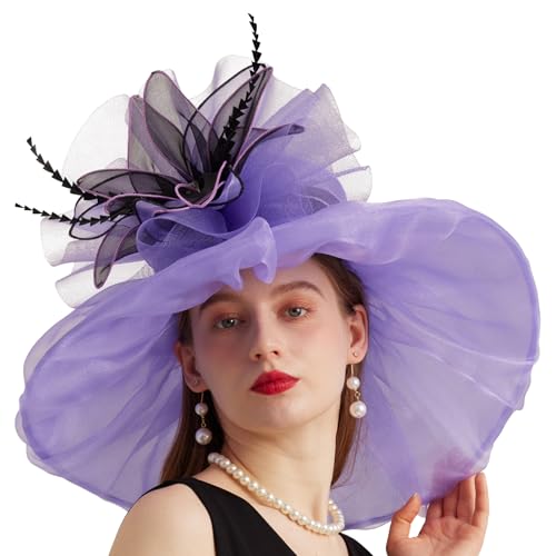 Women Organza Church Derby Hat Wide Brim Sun Caps for Wedding Tea Party Hat with Detachable hat Flower as Headgear - color: 10-purple