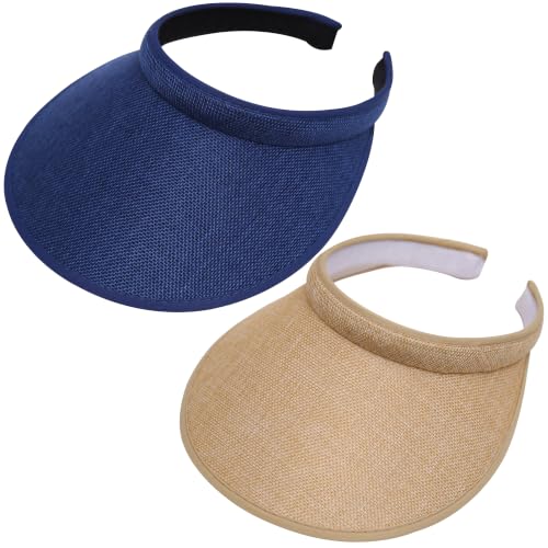 2 Pack Wide Brim Sun Visor Hats Women Men Large Clip-on Visors Hat UV Protection Outdoors Sports Golf Beach Cap - color: Navy+khaki