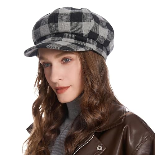 ZLYC Women Classic Newsboy Cap Visor 8 Panel Gatsby Cabbie Paperboy Hat - color: (Plaid) Black