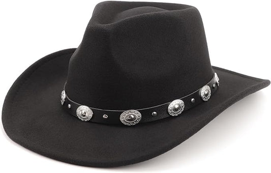 DRESHOW Women Men Classic Felt Wide Brim Western Cowboy & Cowgirl Cap Belt Buckle Retro Panama Hat Unisex Rolled up Caps - color: 1 Pack Style 1: Black a (Hat Circumference: 22-22.8")