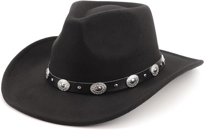 DRESHOW Women Men Classic Felt Wide Brim Western Cowboy & Cowgirl Cap Belt Buckle Retro Panama Hat Unisex Rolled up Caps - color: 1 Pack Style 1: Black a (Hat Circumference: 22-22.8")