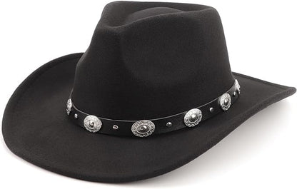 DRESHOW Women Men Classic Felt Wide Brim Western Cowboy & Cowgirl Cap Belt Buckle Retro Panama Hat Unisex Rolled up Caps - color: 1 Pack Style 1: Black a (Hat Circumference: 22-22.8")