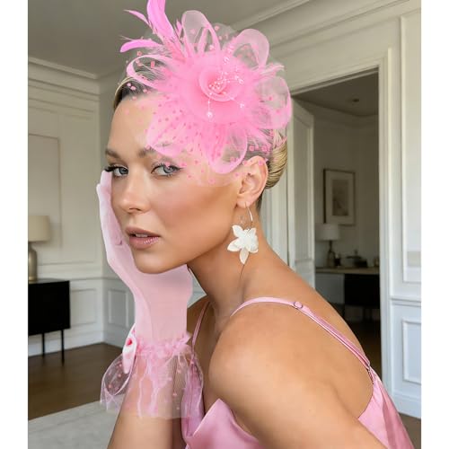 Womens Fascinators Hats and Gloves Set Short Lace Gloves Tea Party Flower Mesh Hair Clips - color: Pink