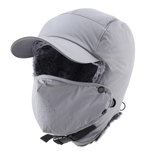 Home Prefer Waterproof Mens Faux Fur Trooper Trapper Hat Hunting Warm Winter Hat with Ear Flaps Visor Face Mask - color: Grey