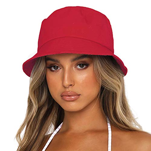 Bucket Hat for Women Men, Reversible Cotton Summer Sun Beach Cap Solid Color Style - color: A-red