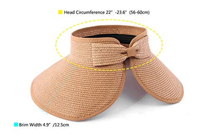 Women Sun Visors Foldable Straw Hats Summer Beach Packable Hat Floppy Wide Brim Cap Deep Style, Adjustable Size - color: Black+khaki