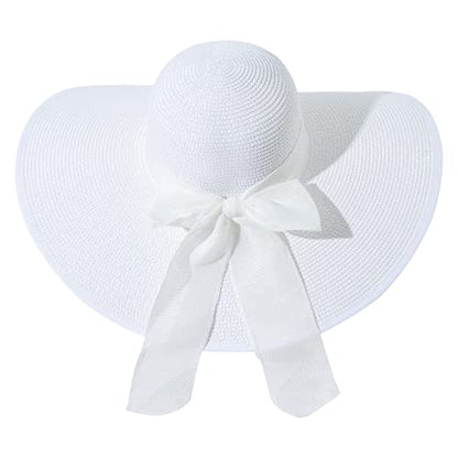 Lanzom Womens 5.7 Inches Big Bowknot Straw Hat Large Floppy Foldable Roll up Beach Cap Sun Hat UPF 50+ - color: White