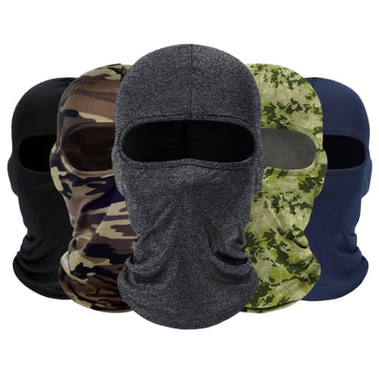 ROXUN Balaclava Ski Mask, 5 Pack Neck Gaiter Motorcycle Summer Cooling - color: C5-black+heather Gray+navy+camouflage+mossy Camo