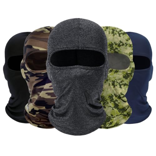 ROXUN Balaclava Ski Mask, 5 Pack Neck Gaiter Motorcycle Summer Cooling - color: C5-black+heather Gray+navy+camouflage+mossy Camo