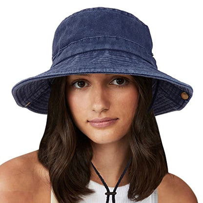 Unisex Cotton Boonie Hat Summer Fishing Bucket Hat Sun Hat with String - color: Retro Dark Blue