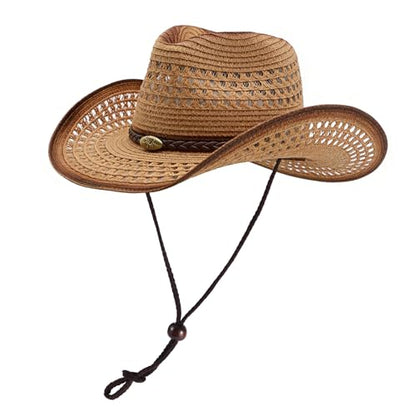 Straw Cowgirl Hat for Women Cowboy Hats for Men Wide Brim Sun Hat Shapeable Western Hat Beach Hat - color: Khaki-coffee