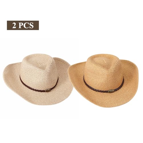 Straw Cowgirl Hat for Women Cowboy Hats for Men Wide Brim Sun Hat Shapeable Western Hat Beach Hat - color: Beige+brown