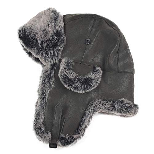 Janey&Rubbins Russian Hat Fur Soviet Ushanka Cossack Winter Cap Earflap Snow Ski Headwear - color: Black/Leather, size: Large