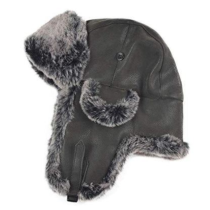 Janey&Rubbins Russian Hat Fur Soviet Ushanka Cossack Winter Cap Earflap Snow Ski Headwear - color: Black/Leather, size: Large