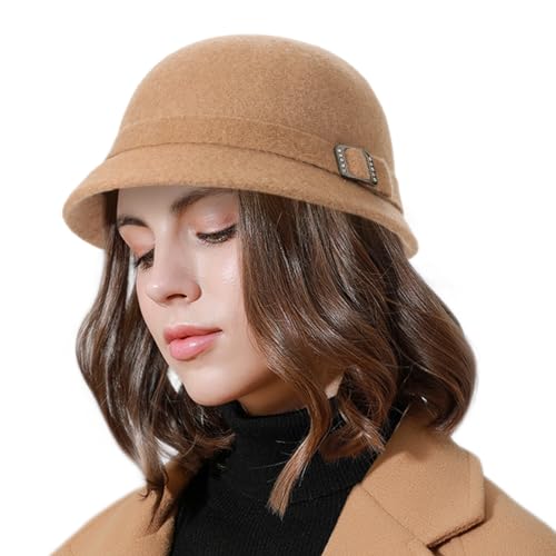 Winter Cloche 100% Wool Bucket Hat for Women Elegant Dress 1920s Vintage Fedora Hats Church Derby Party Fashion - color: 2brown