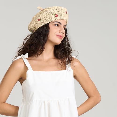 Straw Beret Summer French Beret Hats for Women Artist Crochet Beret - color: Strawberry Beige