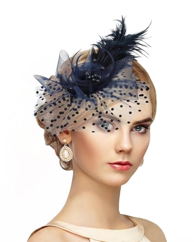 Zinniday Victoria Fascinators Hats for Women - 2026 Kentucky Feather Mesh Derby Hat 1920s Tea Party Headwear for Church - color: Navy Blue