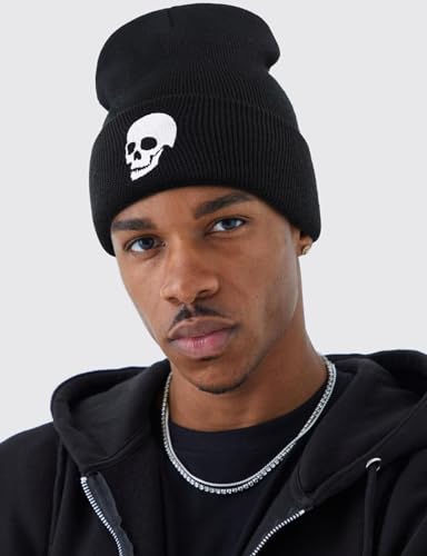 Gothic Skull Beanie Hats for Men Women, Skeleton Cuffed Winter Hat for Goth Gifts, Indoor and Outdoor Outfit Matching - color: 03.black/Skull-l