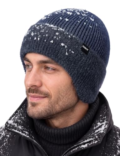 Durio Winter Beanie Hat with Earflap Windproof Knitted Cap - color: Navy Blue