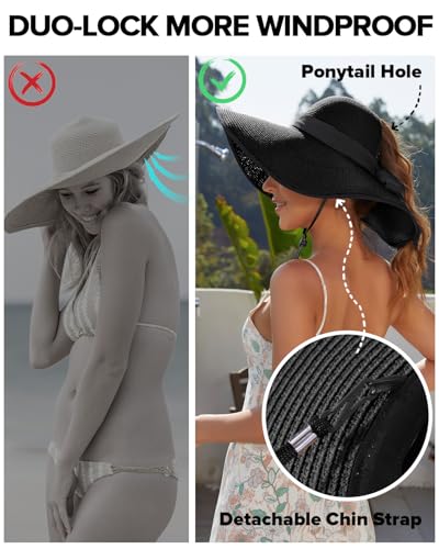 Sun Beach Hats for Women with Ponytail Hole, Floppy Wide Brim Beach Hat, Straw Summer Packable Sunhat Foldable Sun Protection - color: Black, size: Medium