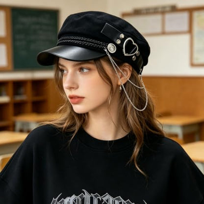Women’s Black Newsboy Cap Gothic Beret with Chain Heart Buckle/Crown Accents Flat Top Visor Baker Boy Sailor Hat - color: Black With Heart Buckle Chain