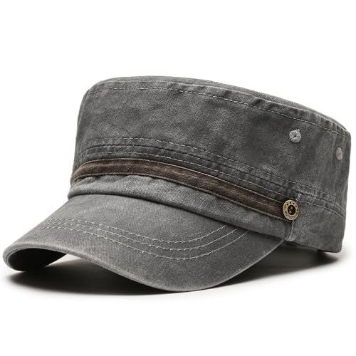 Unisex Cadet Army Cap Military Adjustable Flat Top Hat for Men Women - color: Washed Grey