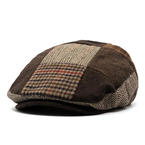 Men's Classic Patchwork Herringbone Checker Plaid Newsboy Ivy Hat Flat Cap - color: Brown, size: Large-X-Large