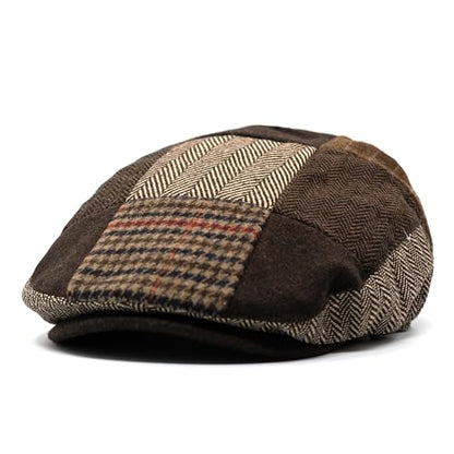 Men's Classic Patchwork Herringbone Checker Plaid Newsboy Ivy Hat Flat Cap - color: Brown, size: Large-X-Large