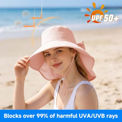 Womens Ponytail Hole Sun Hat with Neck Flap Outdoor UPF 50+ - color: Pink