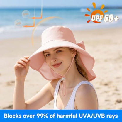Womens Ponytail Hole Sun Hat with Neck Flap Outdoor UPF 50+ - color: Pink